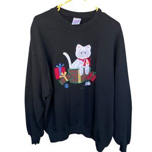 Vintage Jerzees Cat Christmas Sweatshirt Womens Extra‎ Large XL Cat Lady Kitty